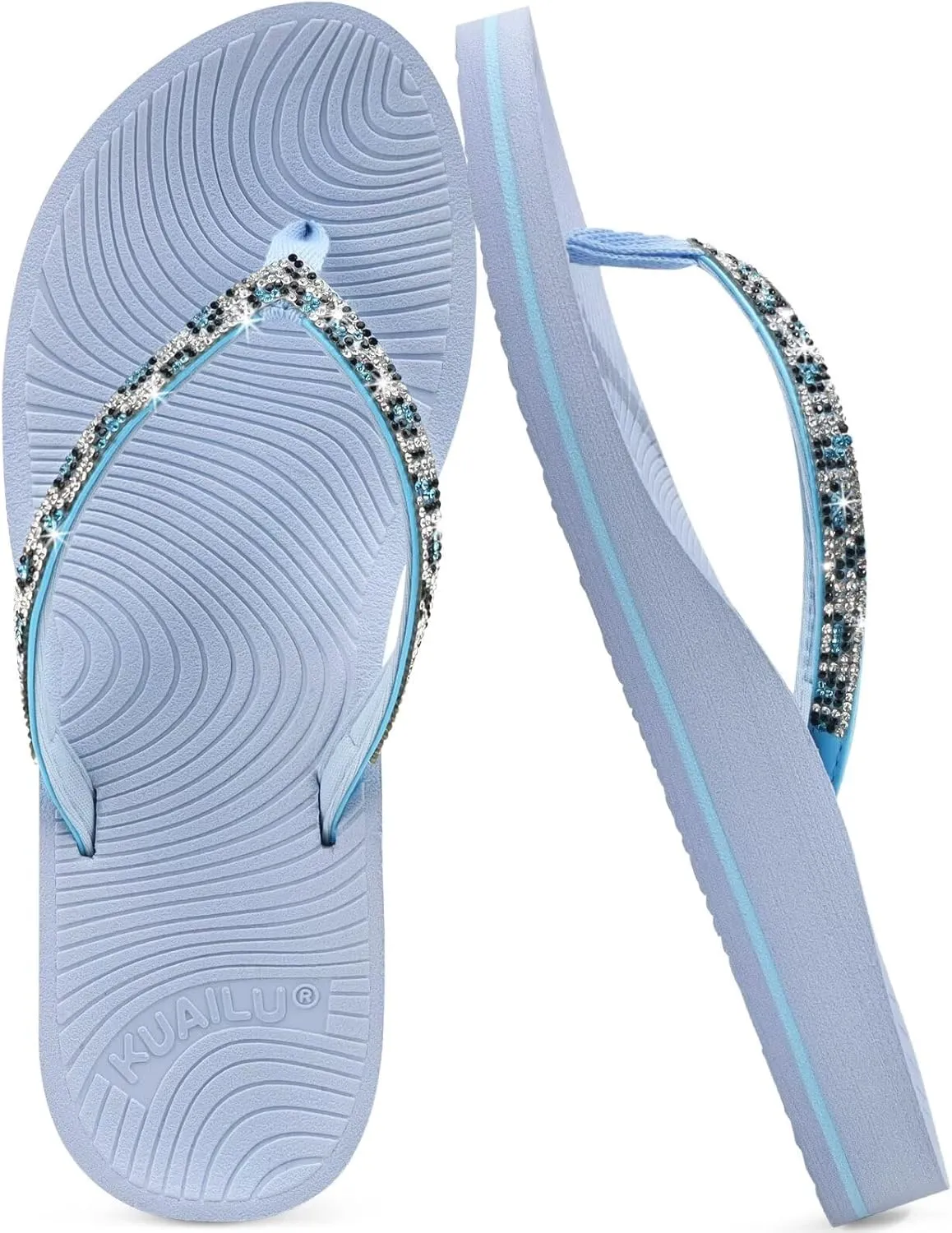 KuaiLu Women's Rhinestone Flip Flops with Comfort Arch Support Yoga Mat Cushion Sandals Fashion Summer Beach Travel Orthotic Walking Thong Sandles Slip on Plantar Fasciitis Indoor Outdoor Shoes