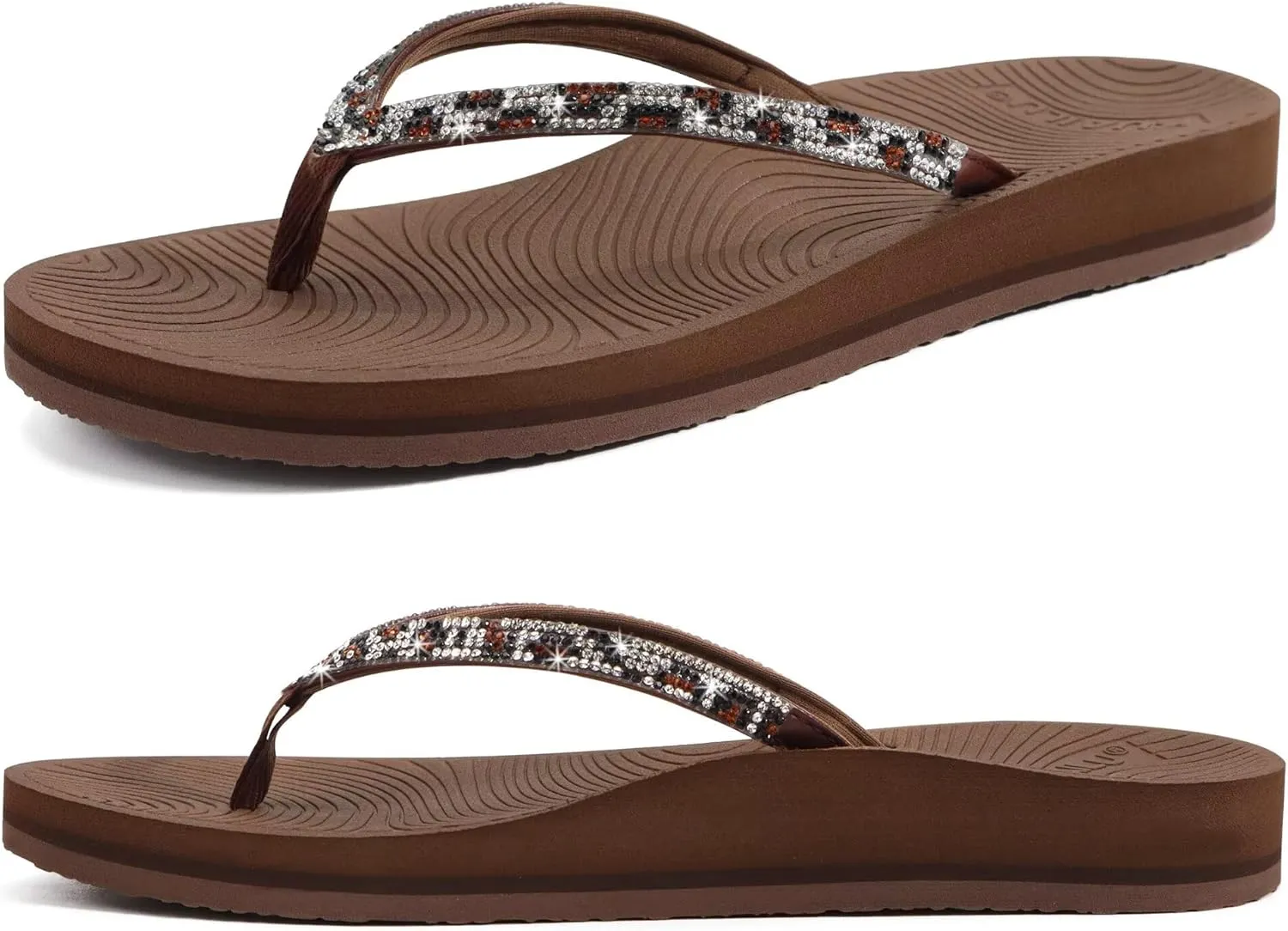 KuaiLu Women's Rhinestone Flip Flops with Comfort Arch Support Yoga Mat Cushion Sandals Fashion Summer Beach Travel Orthotic Walking Thong Sandles Slip on Plantar Fasciitis Indoor Outdoor Shoes