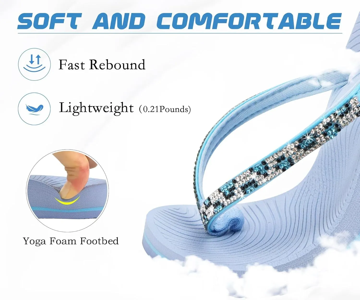 KuaiLu Women's Rhinestone Flip Flops with Comfort Arch Support Yoga Mat Cushion Sandals Fashion Summer Beach Travel Orthotic Walking Thong Sandles Slip on Plantar Fasciitis Indoor Outdoor Shoes