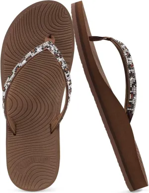 KuaiLu Women's Rhinestone Flip Flops with Comfort Arch Support Yoga Mat Cushion Sandals Fashion Summer Beach Travel Orthotic Walking Thong Sandles Slip on Plantar Fasciitis Indoor Outdoor Shoes