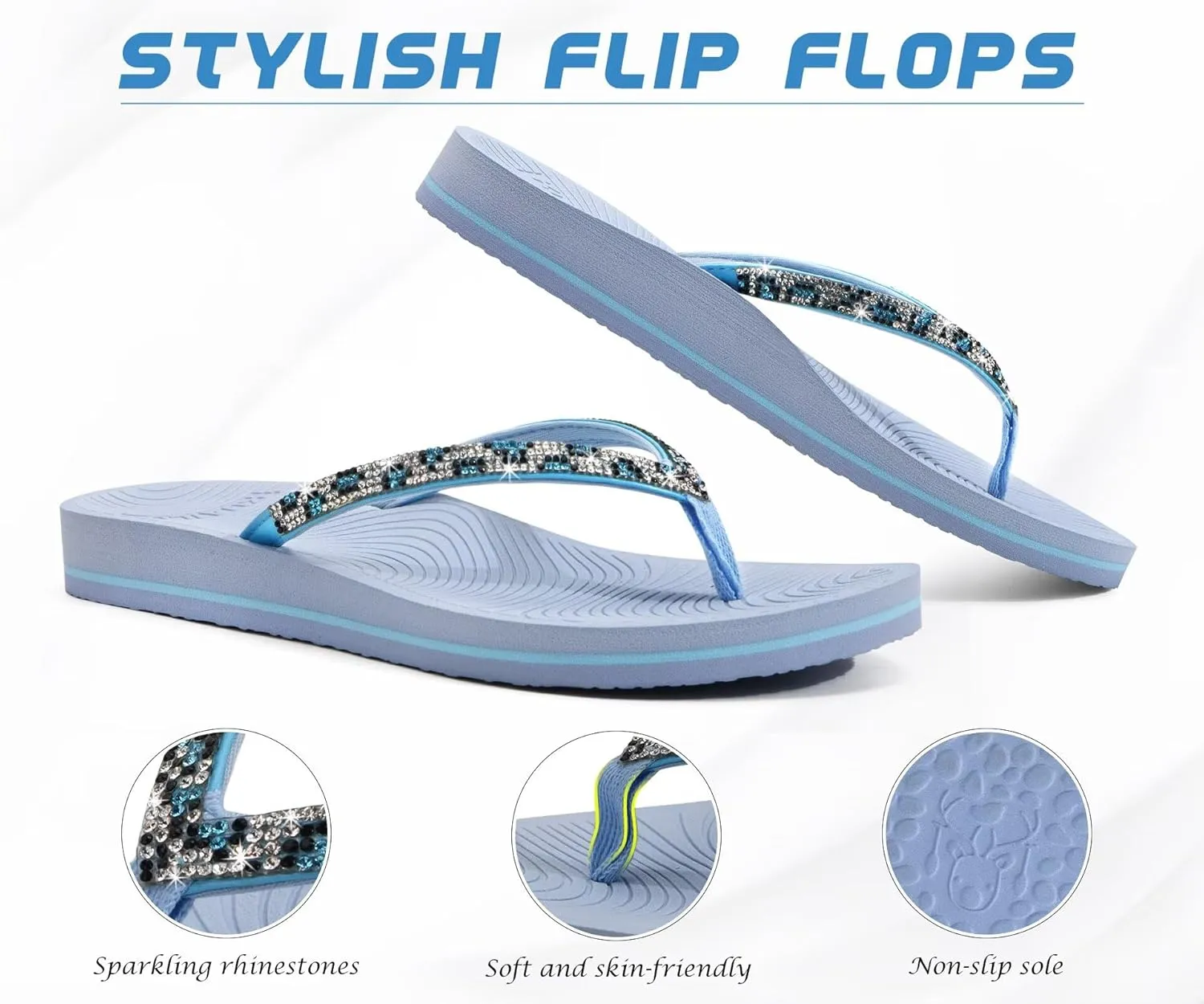 KuaiLu Women's Rhinestone Flip Flops with Comfort Arch Support Yoga Mat Cushion Sandals Fashion Summer Beach Travel Orthotic Walking Thong Sandles Slip on Plantar Fasciitis Indoor Outdoor Shoes