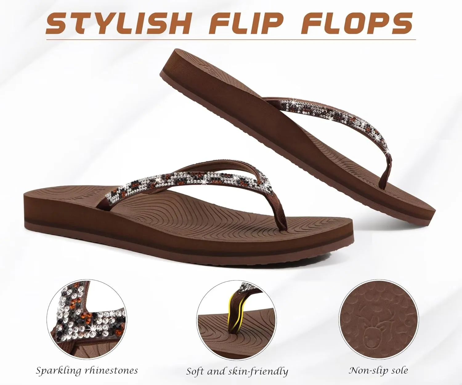 KuaiLu Women's Rhinestone Flip Flops with Comfort Arch Support Yoga Mat Cushion Sandals Fashion Summer Beach Travel Orthotic Walking Thong Sandles Slip on Plantar Fasciitis Indoor Outdoor Shoes