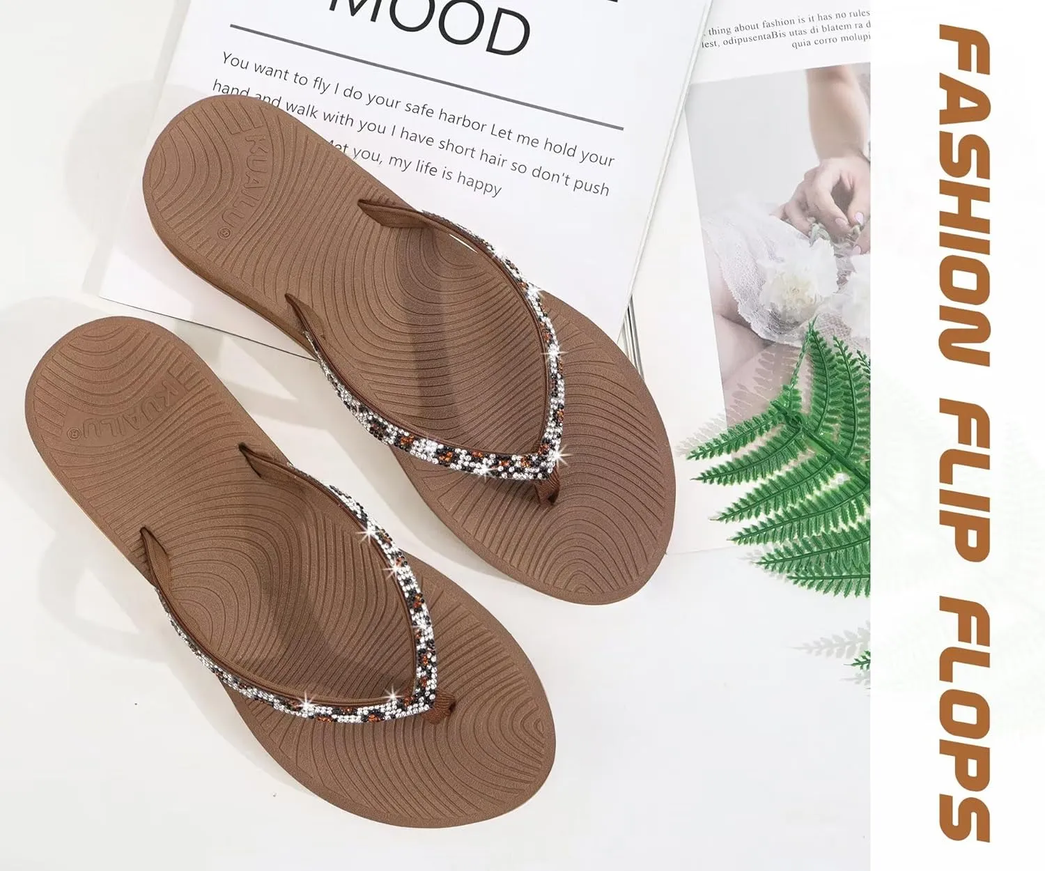KuaiLu Women's Rhinestone Flip Flops with Comfort Arch Support Yoga Mat Cushion Sandals Fashion Summer Beach Travel Orthotic Walking Thong Sandles Slip on Plantar Fasciitis Indoor Outdoor Shoes