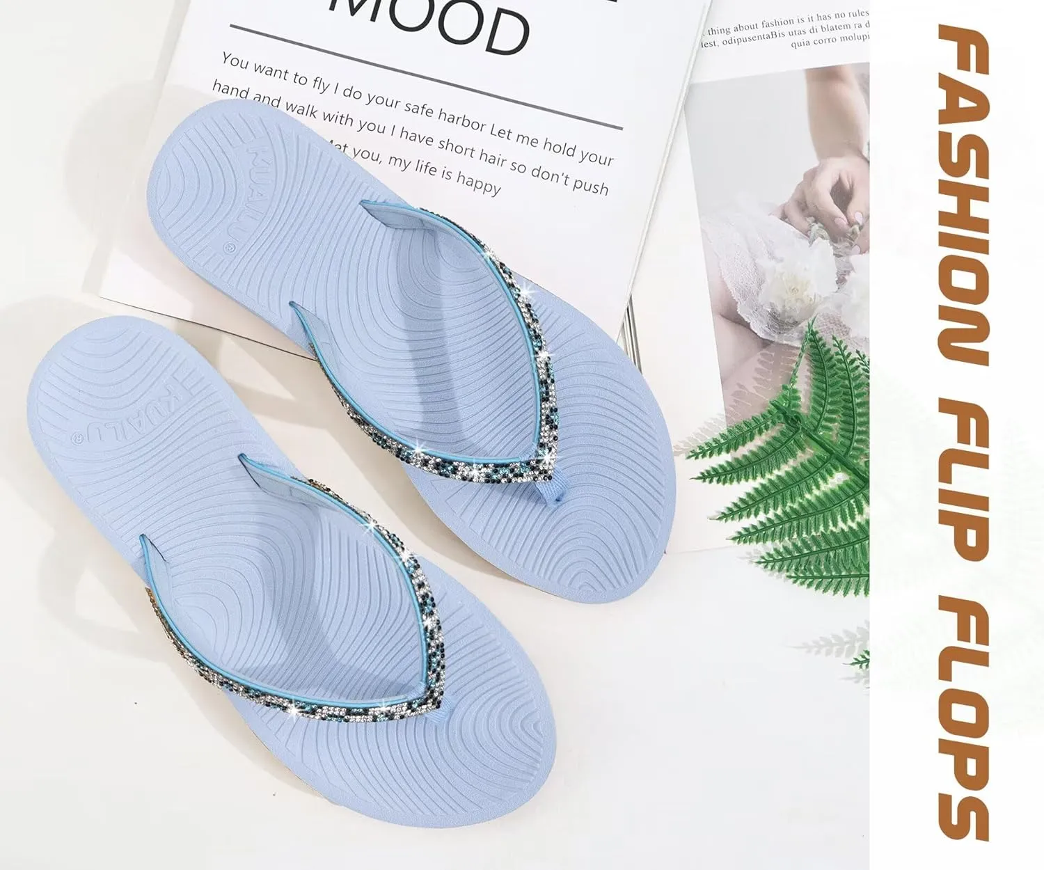 KuaiLu Women's Rhinestone Flip Flops with Comfort Arch Support Yoga Mat Cushion Sandals Fashion Summer Beach Travel Orthotic Walking Thong Sandles Slip on Plantar Fasciitis Indoor Outdoor Shoes