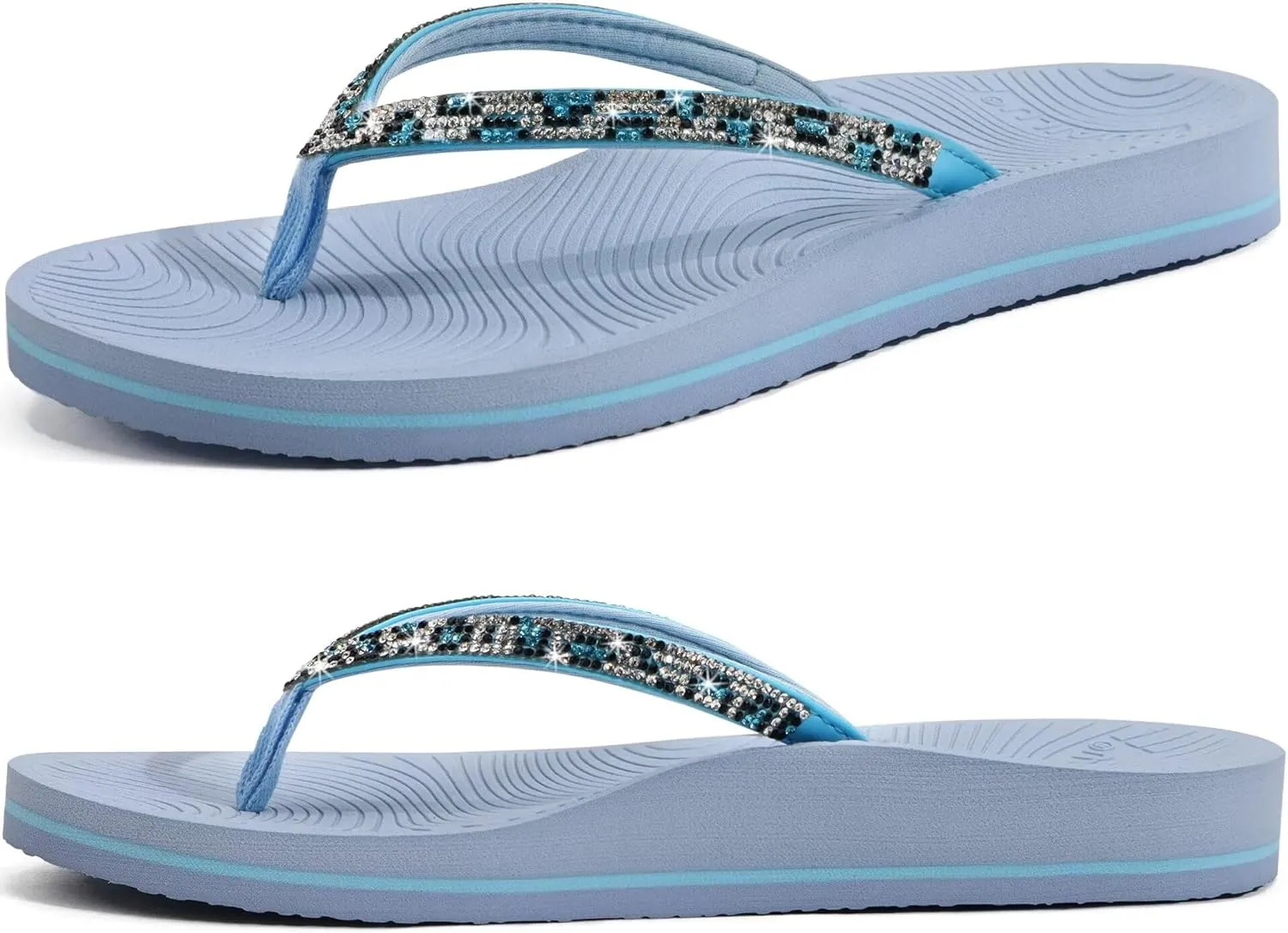 KuaiLu Women's Rhinestone Flip Flops with Comfort Arch Support Yoga Mat Cushion Sandals Fashion Summer Beach Travel Orthotic Walking Thong Sandles Slip on Plantar Fasciitis Indoor Outdoor Shoes