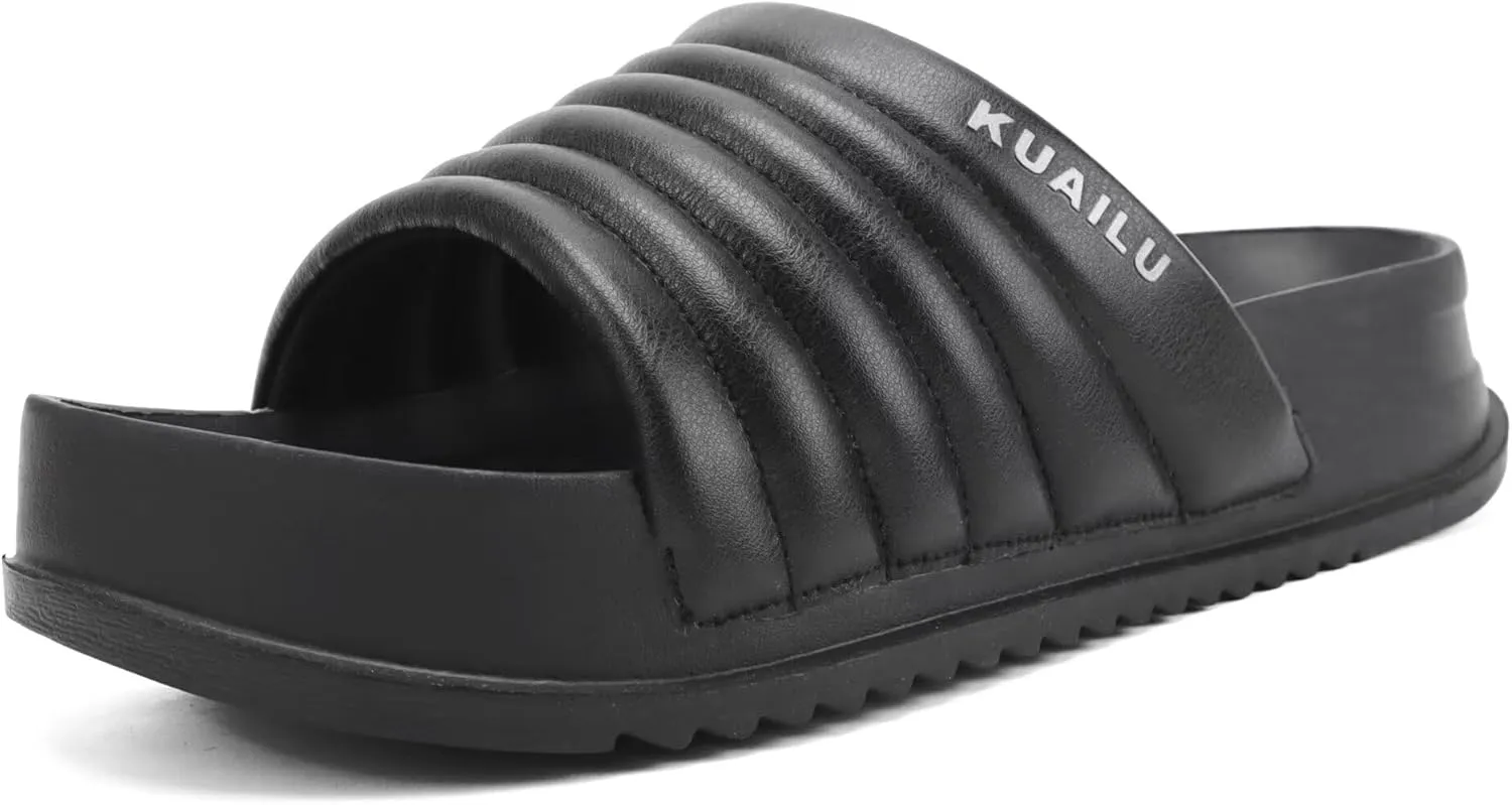 KuaiLu Womens Sandals with Arch Support Orthopedic Comfortable Lightweight Cushion Recovery Slides Summer Fashion Leather Casual Womans Plantar Fasciitis Sandals for Indoor&Outdoor (US Size 6-12)