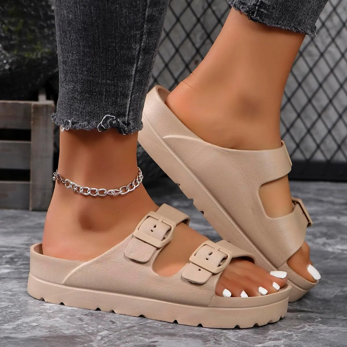 L LOUBIT Women's Platform Sandals with Arch Support Pillow Soft Adjustable Buckle Slides Lightweight Non-Slip Summer Beach Shoes