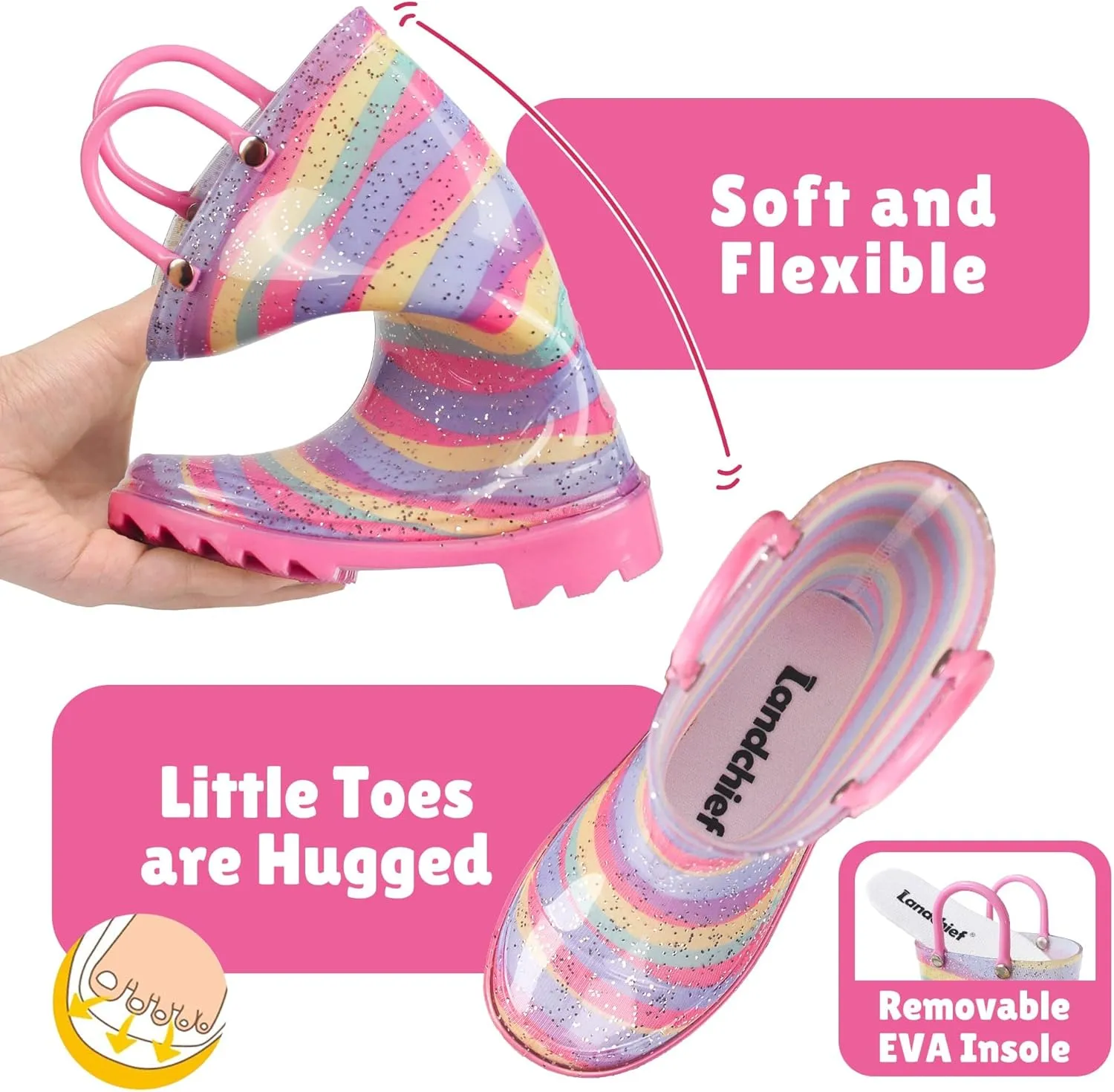 landchief Toddler Rain Boots Kids Waterproof Boots for Boys Girls with Easy-on Handles Outdoor Unisex-Child