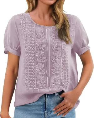 Linen Shirts for Women 2025 Summer Short Sleeve Embroidered Gauze Tops Plus Size Dressy Casual Comfy Work Blouses