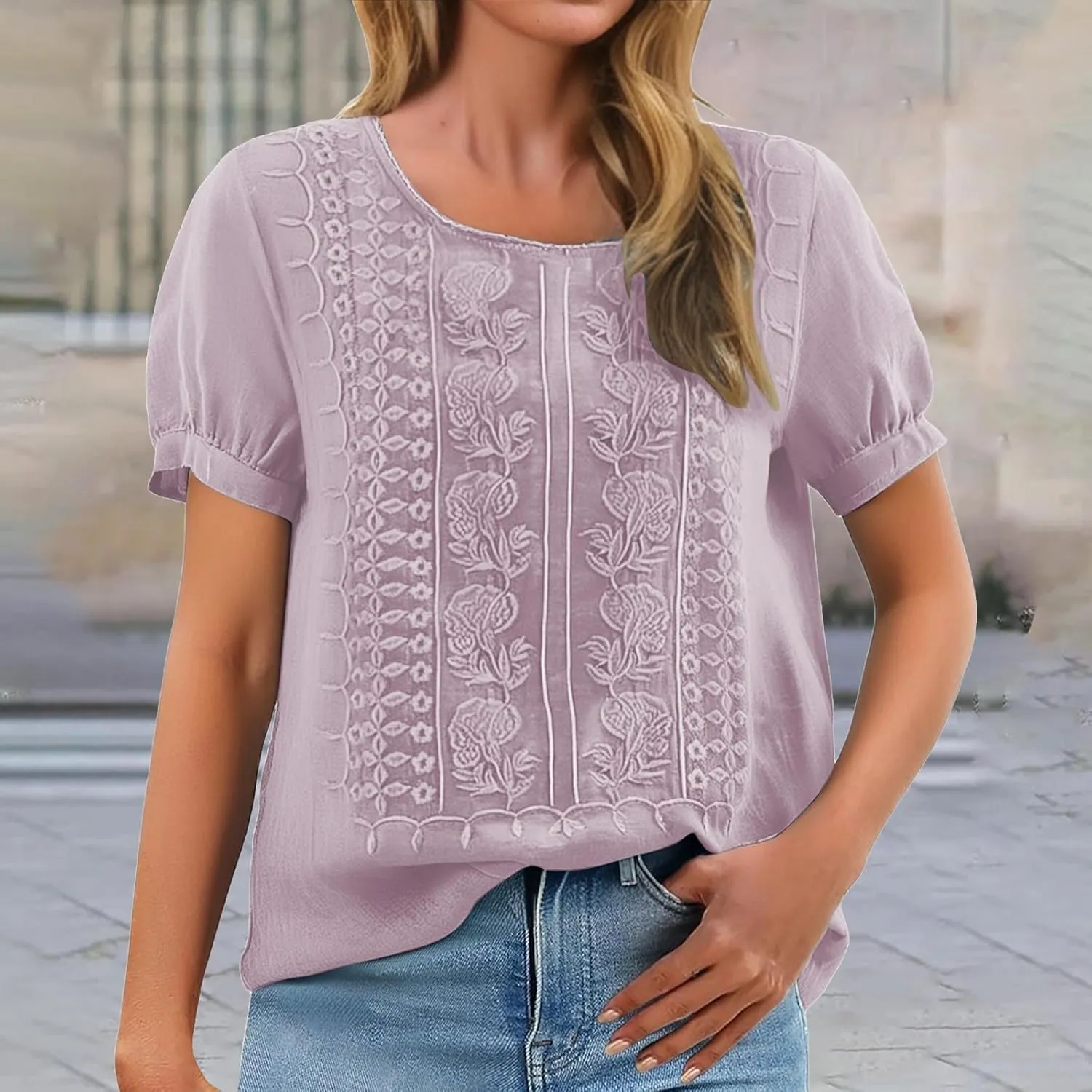 Linen Shirts for Women 2025 Summer Short Sleeve Embroidered Gauze Tops Plus Size Dressy Casual Comfy Work Blouses