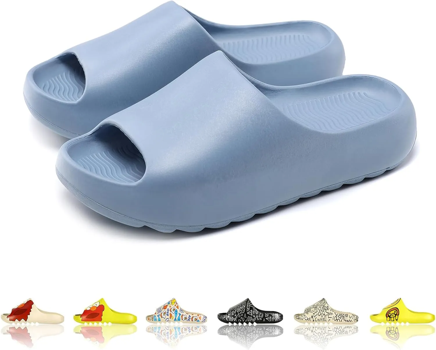 Men Women Cloud Cushion Slides EVA Pillow Slippers Cute Cartoon Print Non-Slip Shower Sandals Open Toe for Bathroom House Spa Gym Home Soft Comfy Shoes