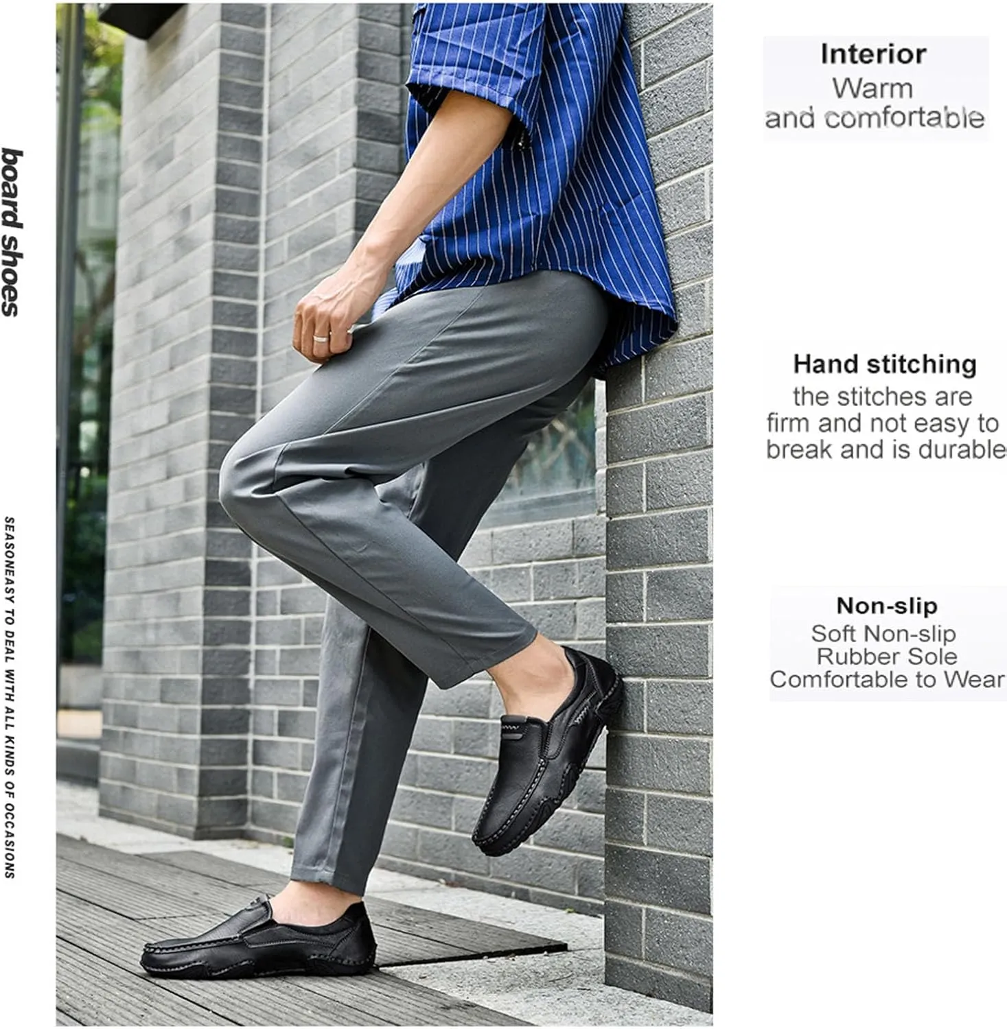 Men's Classic Business Leather Hand Stitched Flat Loafers Outdoor Comfortable Non-Slip Lightweight Driving Casual Shoes