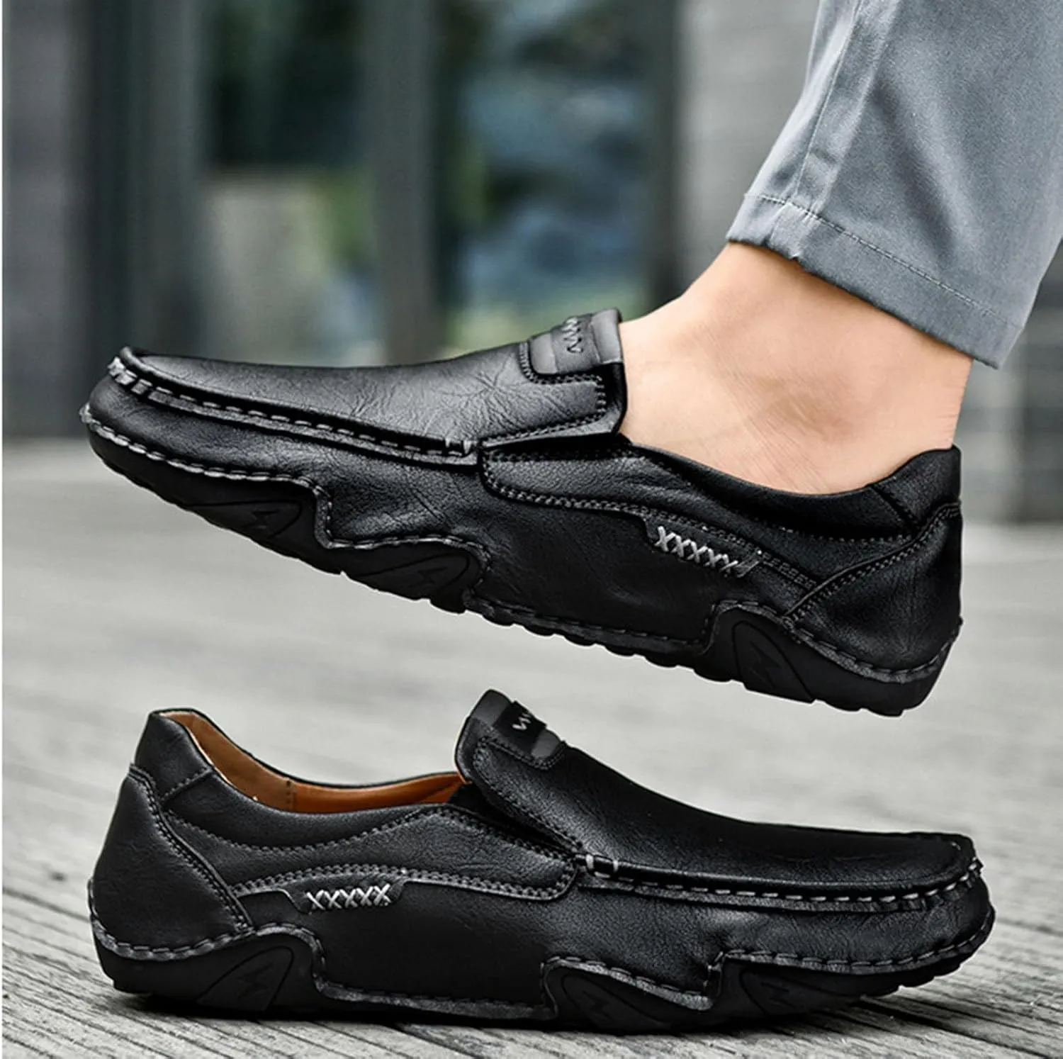 Men's Classic Business Leather Hand Stitched Flat Loafers Outdoor Comfortable Non-Slip Lightweight Driving Casual Shoes