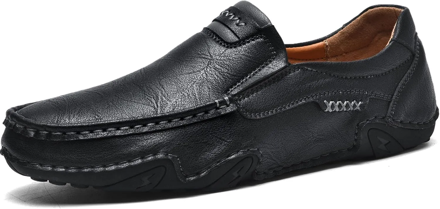 Men's Classic Business Leather Hand Stitched Flat Loafers Outdoor Comfortable Non-Slip Lightweight Driving Casual Shoes