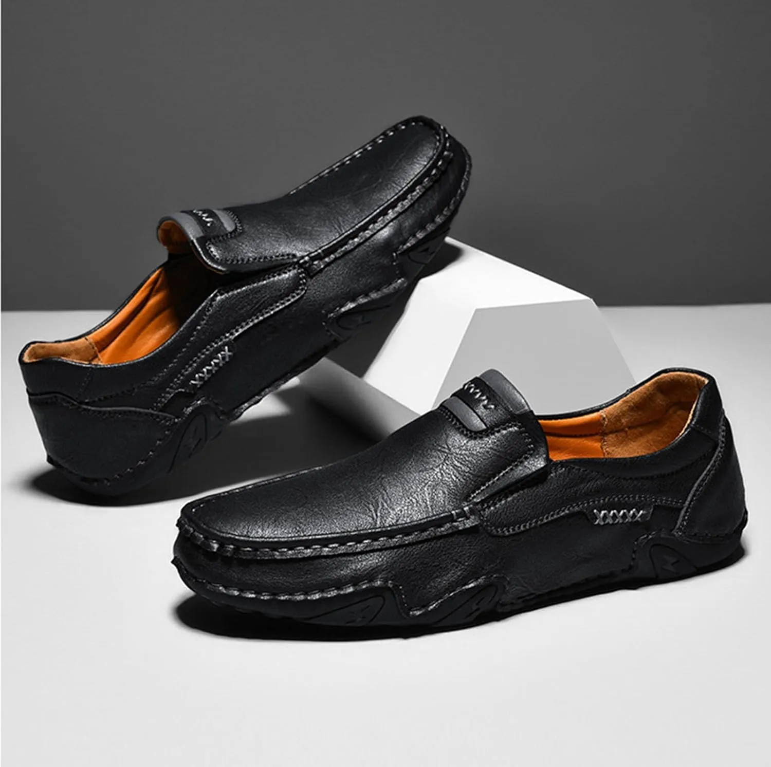 Men's Classic Business Leather Hand Stitched Flat Loafers Outdoor Comfortable Non-Slip Lightweight Driving Casual Shoes