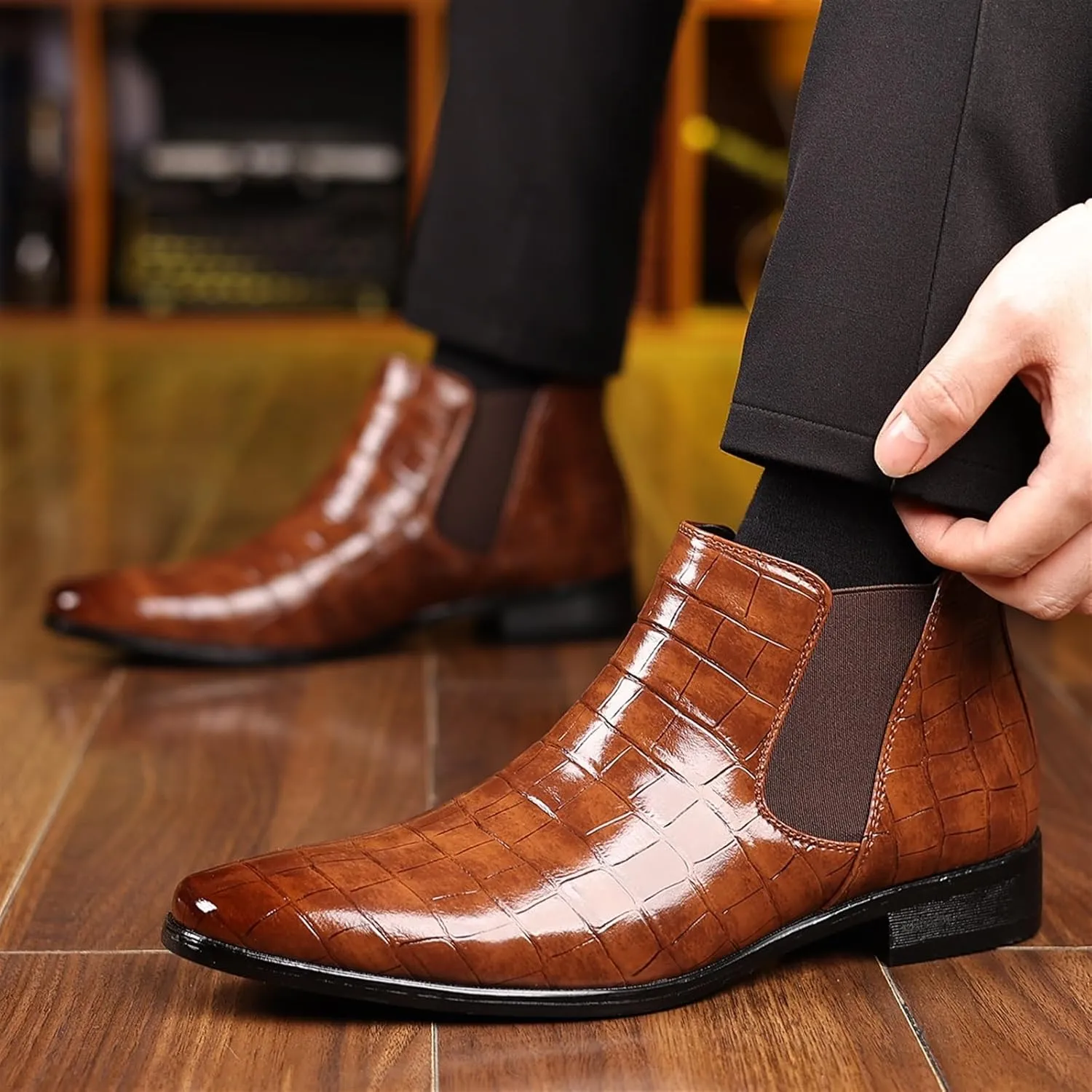 Men's Fashion Crocodile Print Chelsea Boots Pull On Dress Ankle Boots Square Toe Casual Boots Chunky Heel Leather Boots For Men