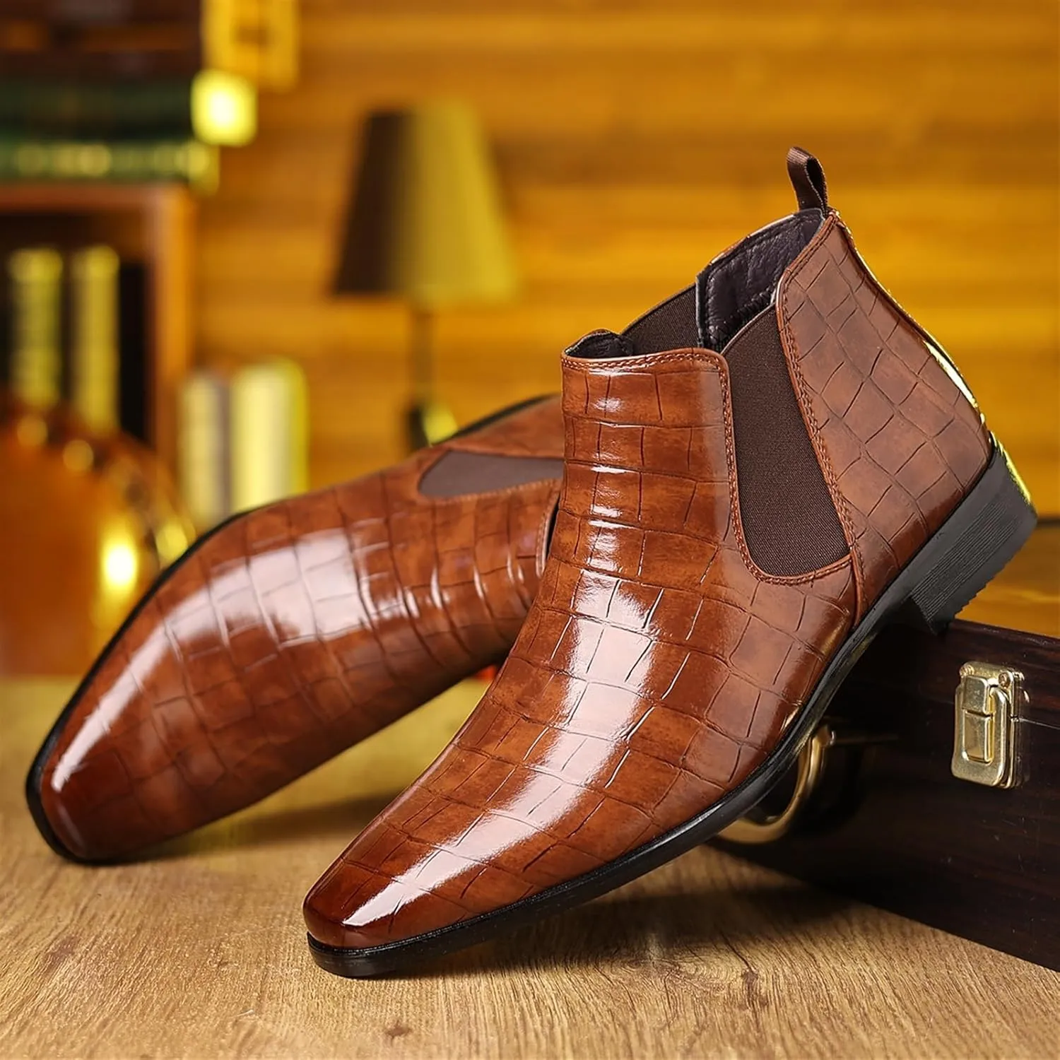 Men's Fashion Crocodile Print Chelsea Boots Pull On Dress Ankle Boots Square Toe Casual Boots Chunky Heel Leather Boots For Men