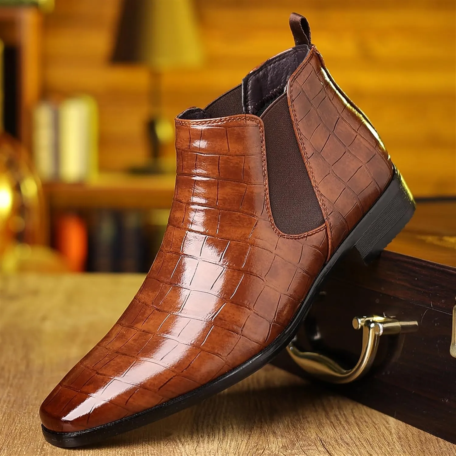 Men's Fashion Crocodile Print Chelsea Boots Pull On Dress Ankle Boots Square Toe Casual Boots Chunky Heel Leather Boots For Men