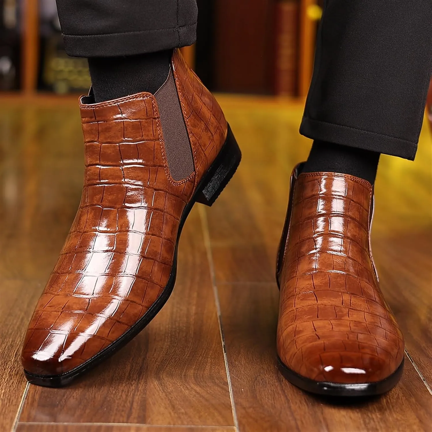 Men's Fashion Crocodile Print Chelsea Boots Pull On Dress Ankle Boots Square Toe Casual Boots Chunky Heel Leather Boots For Men