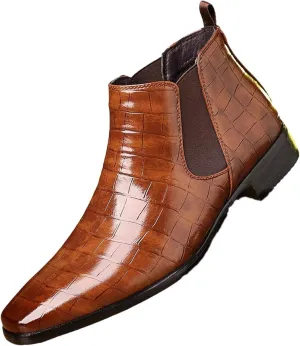 Men's Fashion Crocodile Print Chelsea Boots Pull On Dress Ankle Boots Square Toe Casual Boots Chunky Heel Leather Boots For Men