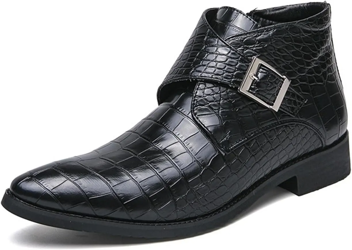 Men's Leather Crocodile Print Chelsea Ankle Boots Fashion Pointed Dress Chukka Boots