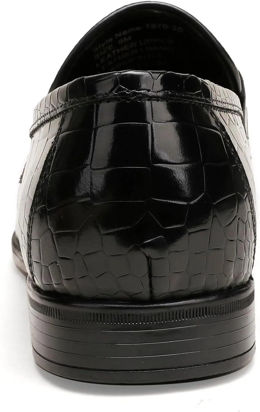 Mens Leather Penny Loafers, Classic Crocodile Printed Business Dress Shoes with Metal Buckle Slip on Penny Shoes for Mens