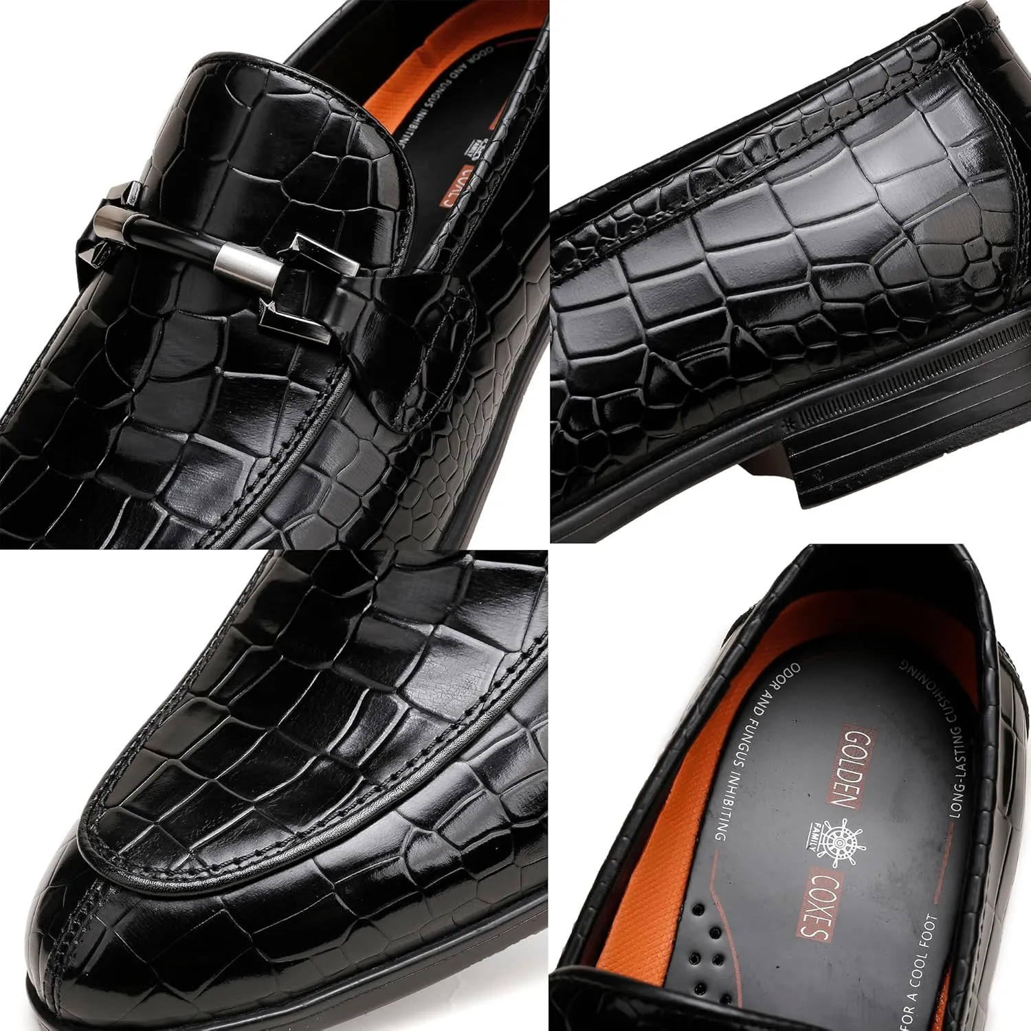 Mens Leather Penny Loafers, Classic Crocodile Printed Business Dress Shoes with Metal Buckle Slip on Penny Shoes for Mens