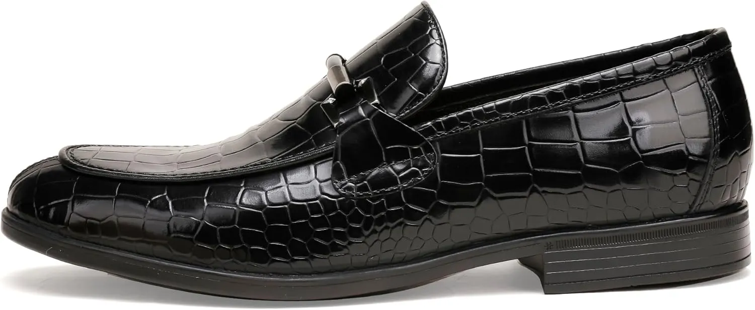 Mens Leather Penny Loafers, Classic Crocodile Printed Business Dress Shoes with Metal Buckle Slip on Penny Shoes for Mens