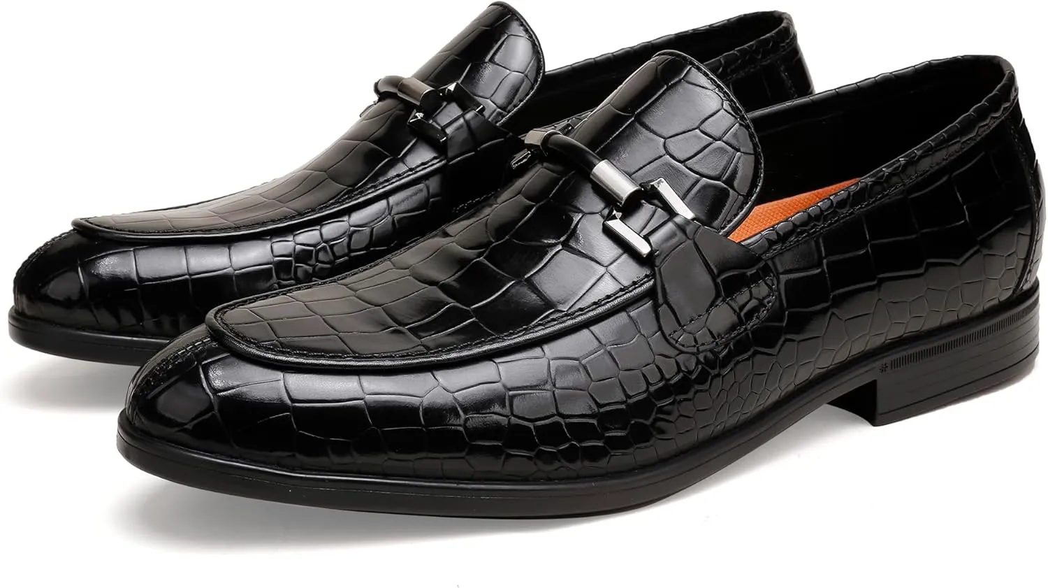 Mens Leather Penny Loafers, Classic Crocodile Printed Business Dress Shoes with Metal Buckle Slip on Penny Shoes for Mens
