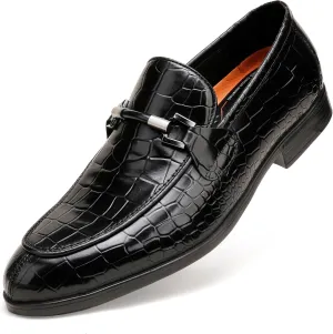 Mens Leather Penny Loafers, Classic Crocodile Printed Business Dress Shoes with Metal Buckle Slip on Penny Shoes for Mens