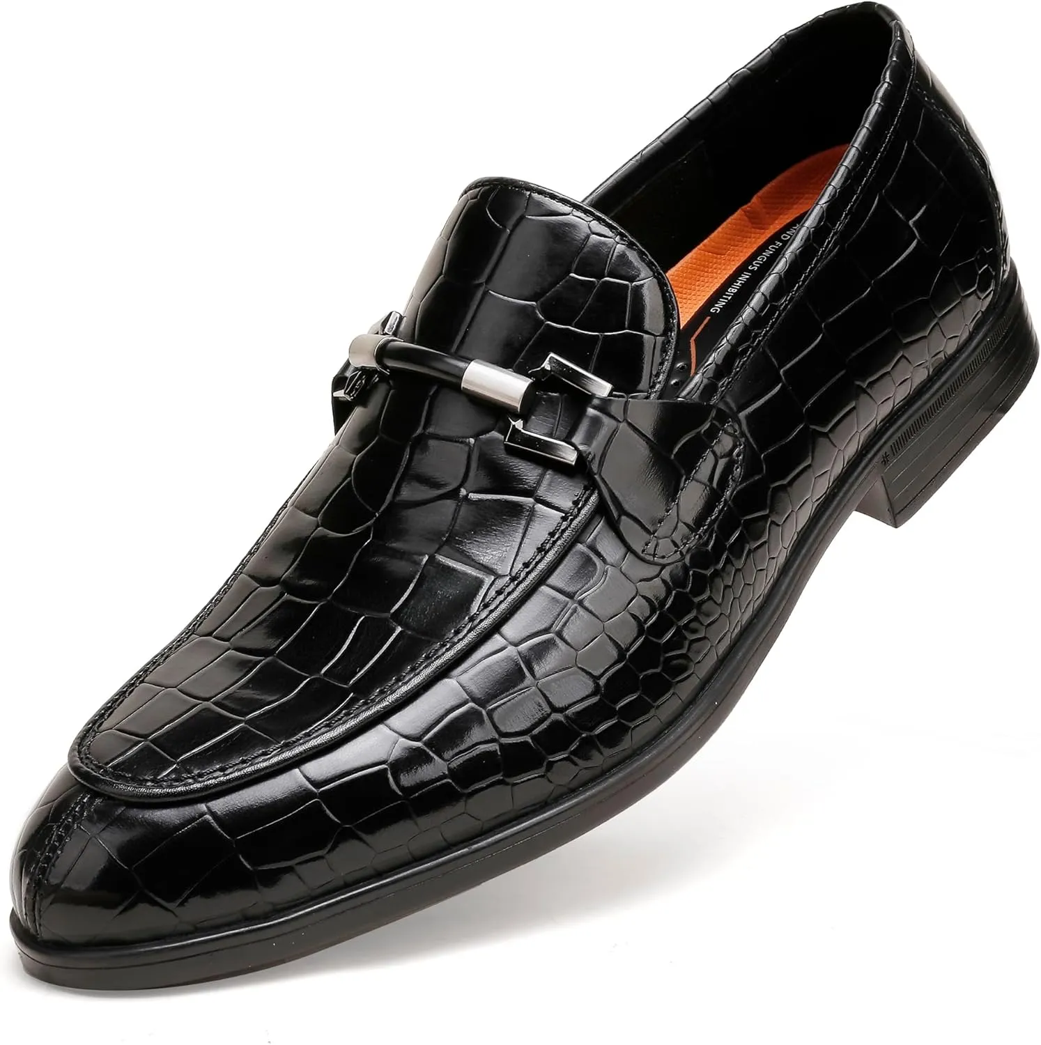Mens Leather Penny Loafers, Classic Crocodile Printed Business Dress Shoes with Metal Buckle Slip on Penny Shoes for Mens