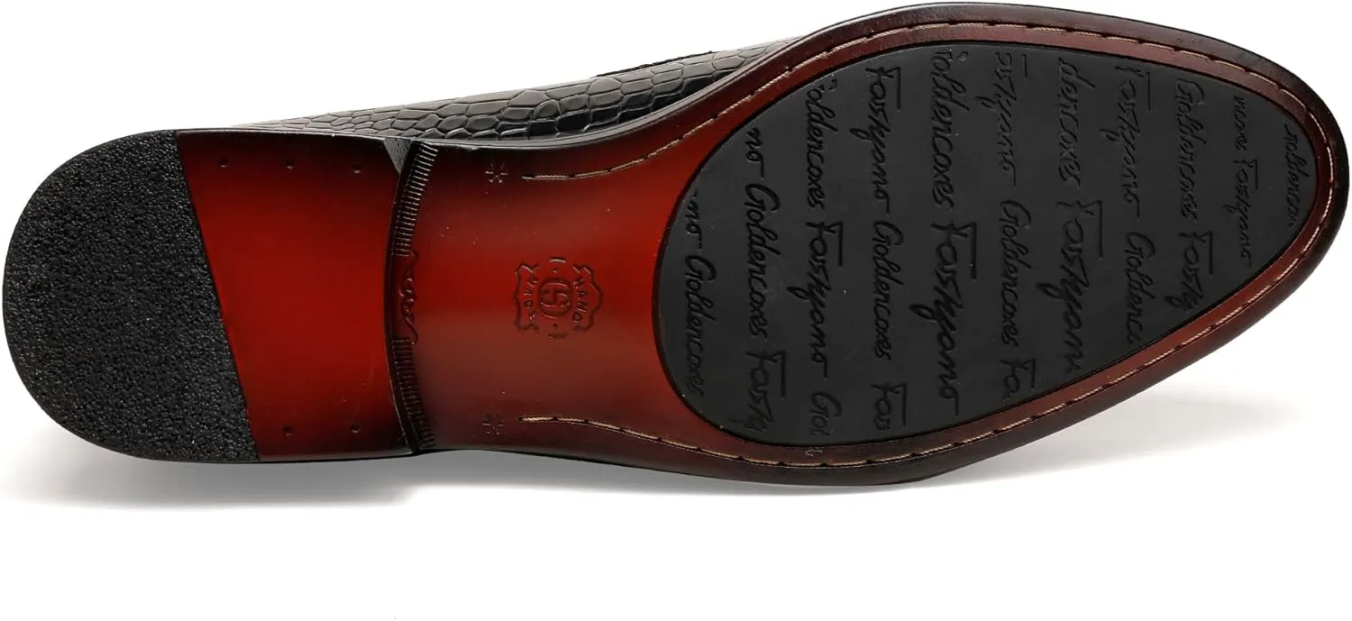 Mens Leather Penny Loafers, Classic Crocodile Printed Business Dress Shoes with Metal Buckle Slip on Penny Shoes for Mens