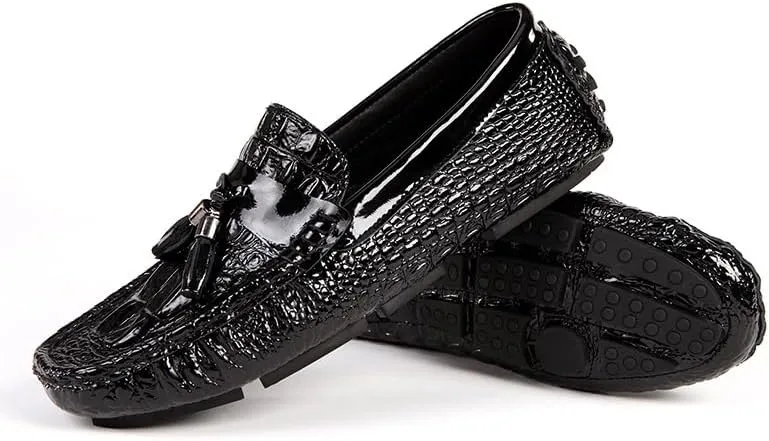 Men's Loafers Shoes Round Toe PU Leather Crocodile Print Tassel Driving Loafers Flexible Slip Resistant Anti-Slip Fashion Classic Slip-on