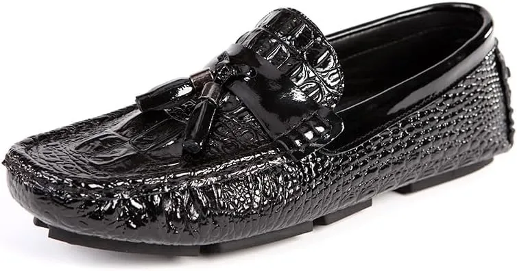 Men's Loafers Shoes Round Toe PU Leather Crocodile Print Tassel Driving Loafers Flexible Slip Resistant Anti-Slip Fashion Classic Slip-on