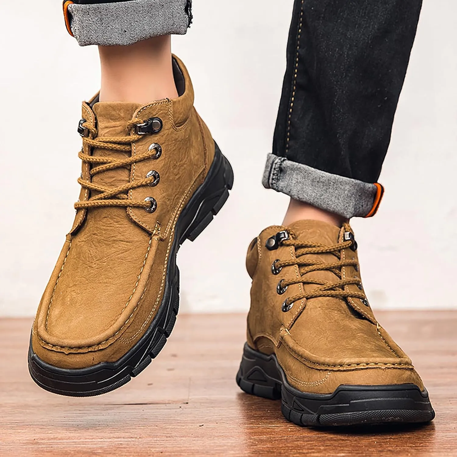 Men's Real Leather Lace-Up Platform Hiking Boots Fashion High Top Round Toe Handmade Lightweight Non-Slip Trekking Shoes Casual Climbing Hiker Outdoor Boots