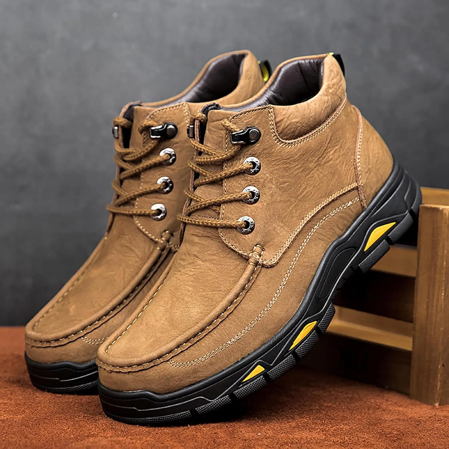 Men's Real Leather Lace-Up Platform Hiking Boots Fashion High Top Round Toe Handmade Lightweight Non-Slip Trekking Shoes Casual Climbing Hiker Outdoor Boots