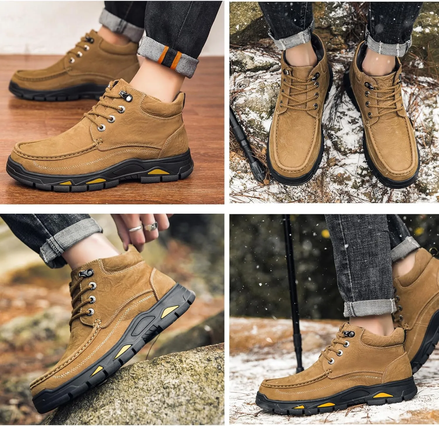Men's Real Leather Lace-Up Platform Hiking Boots Fashion High Top Round Toe Handmade Lightweight Non-Slip Trekking Shoes Casual Climbing Hiker Outdoor Boots