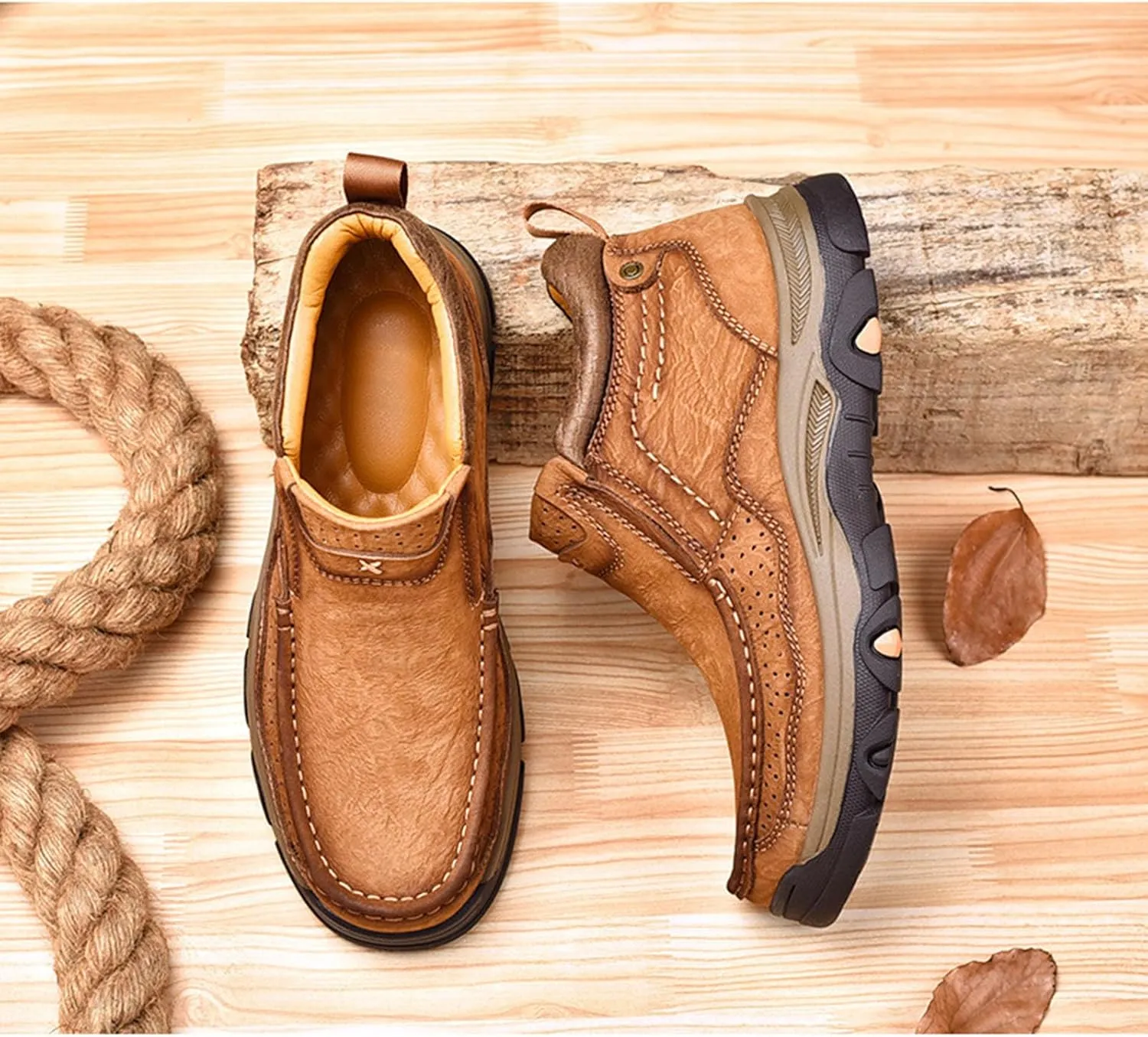 Men's Retro Leather Outdoor Loafers Classic Hand Sewn Anti Slip Hiking Shoes Comfortable and Breathable Driving Business Shoes