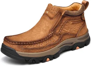 Men's Retro Leather Outdoor Loafers Classic Hand Sewn Anti Slip Hiking Shoes Comfortable and Breathable Driving Business Shoes