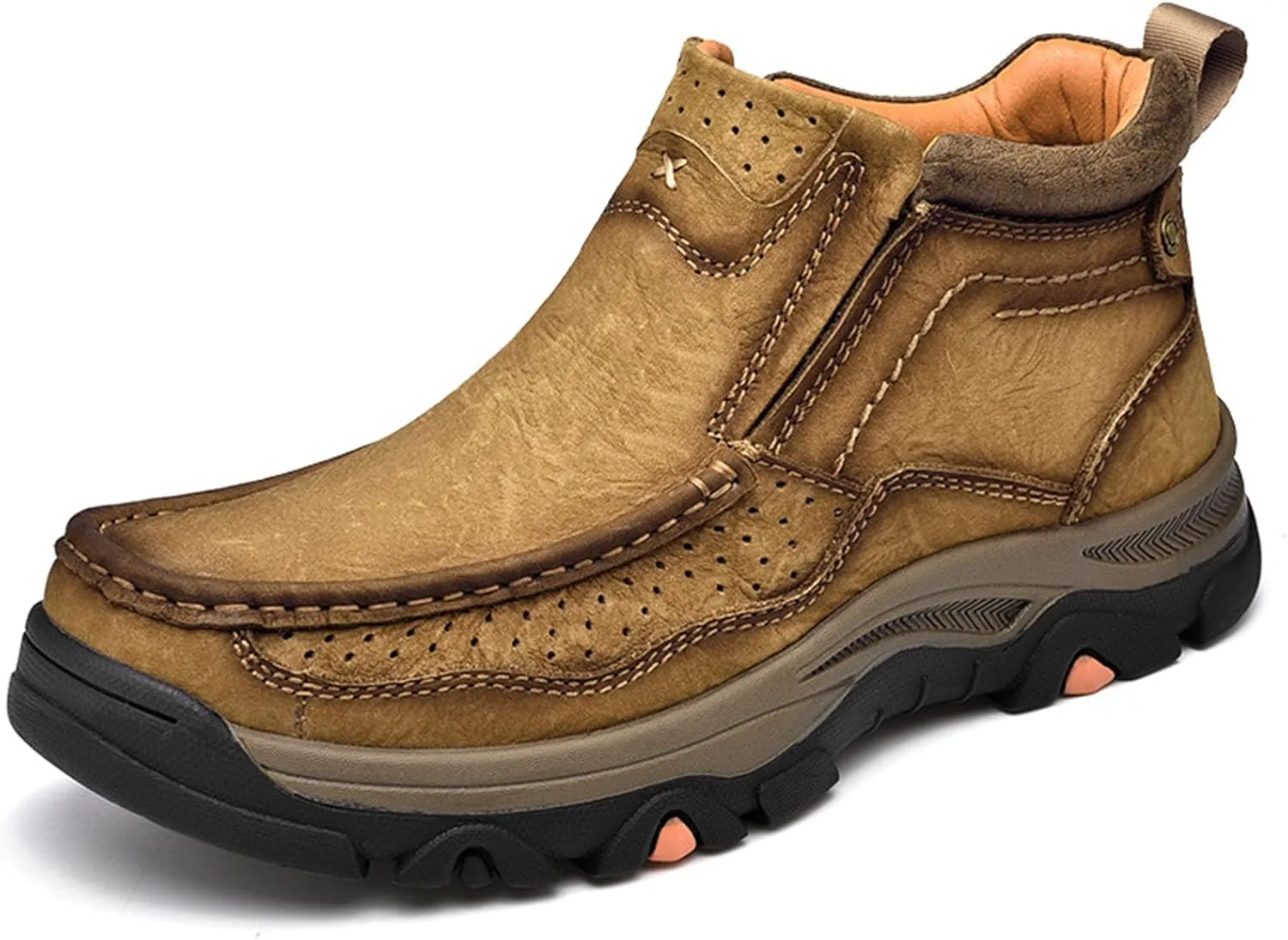 Men's Retro Leather Outdoor Loafers Classic Hand Sewn Anti Slip Hiking Shoes Comfortable and Breathable Driving Business Shoes