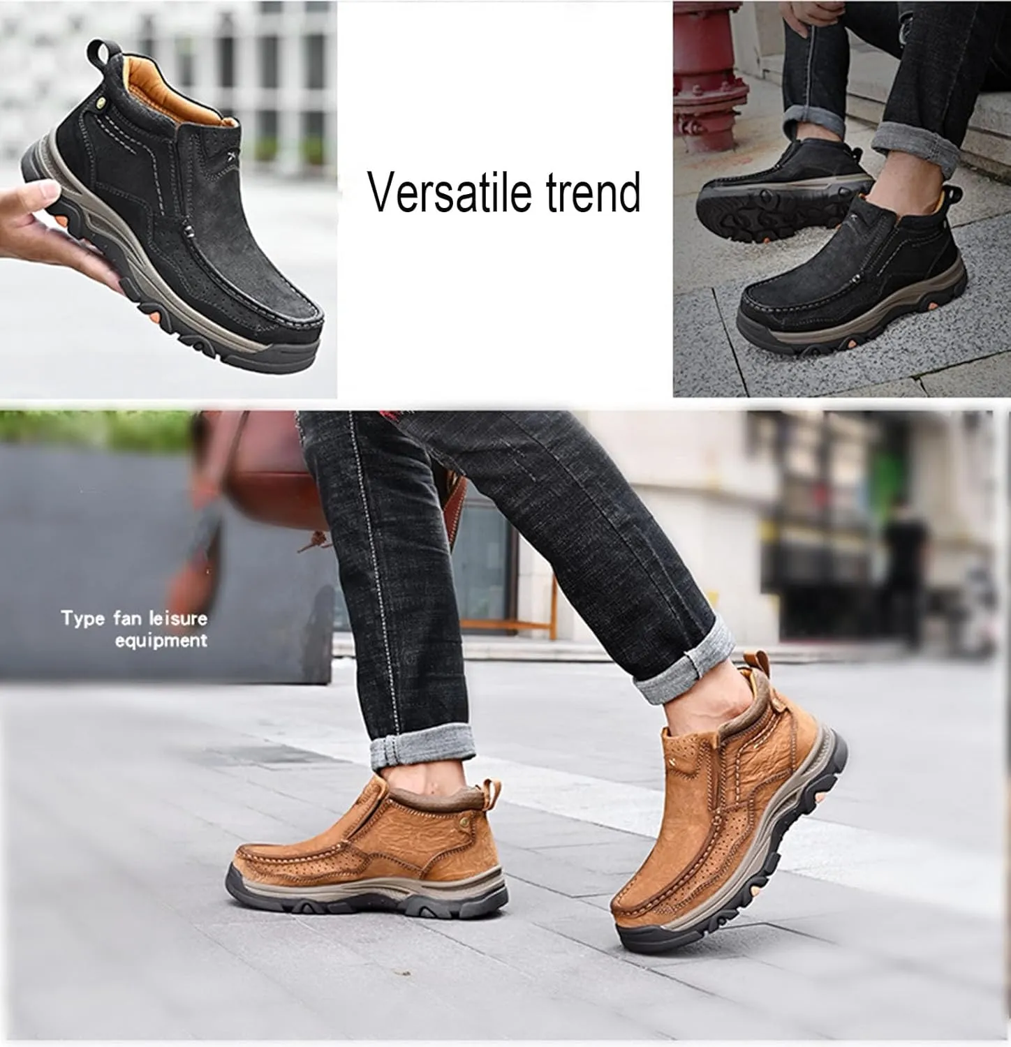 Men's Retro Leather Outdoor Loafers Classic Hand Sewn Anti Slip Hiking Shoes Comfortable and Breathable Driving Business Shoes