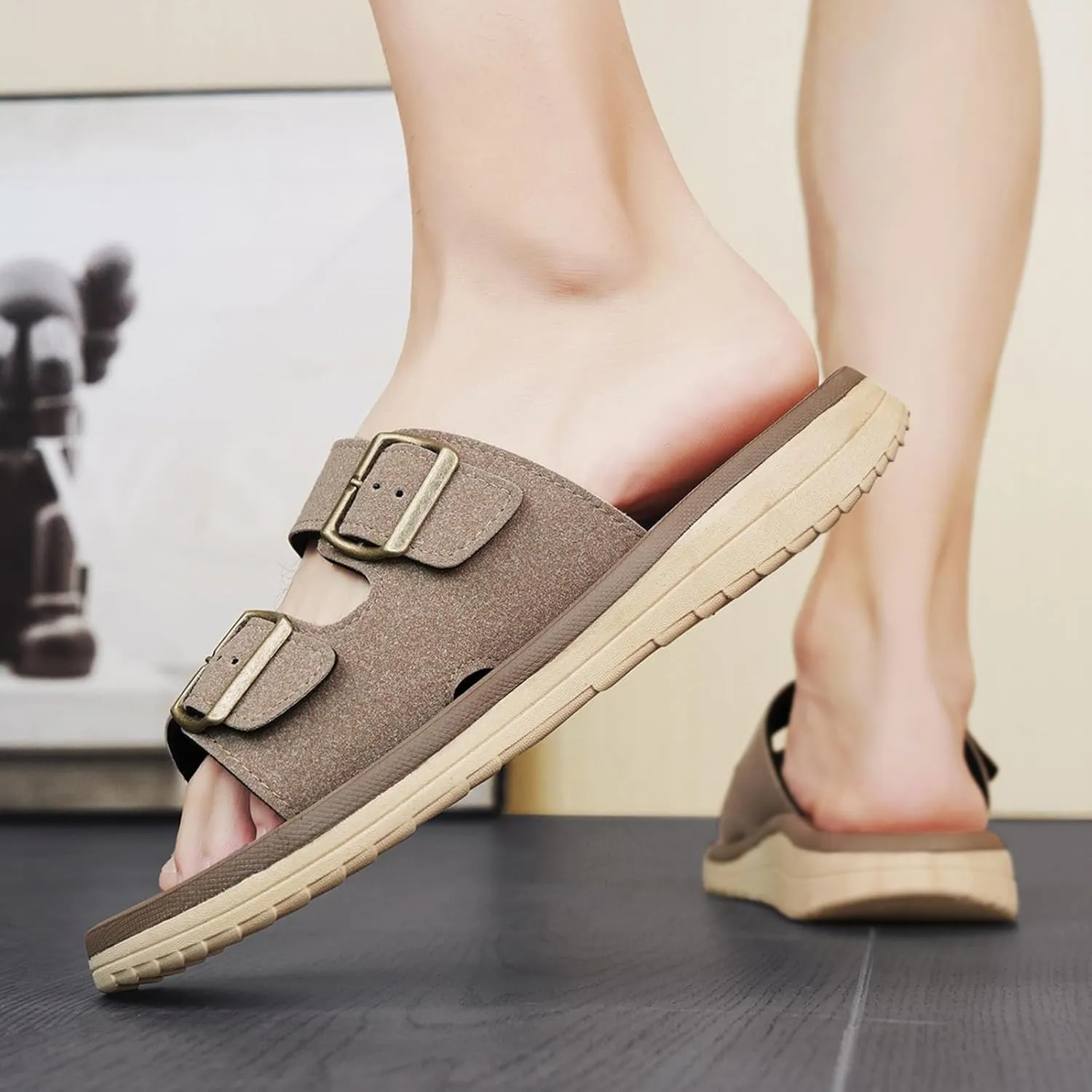 Mens Sandals Adjustable Buckle Straps with Arch Support Lightweight Comfort Beach Sandals Soft Cushion Footbed Summer Slippers Open Toe Slides for Indoor and Outdoor