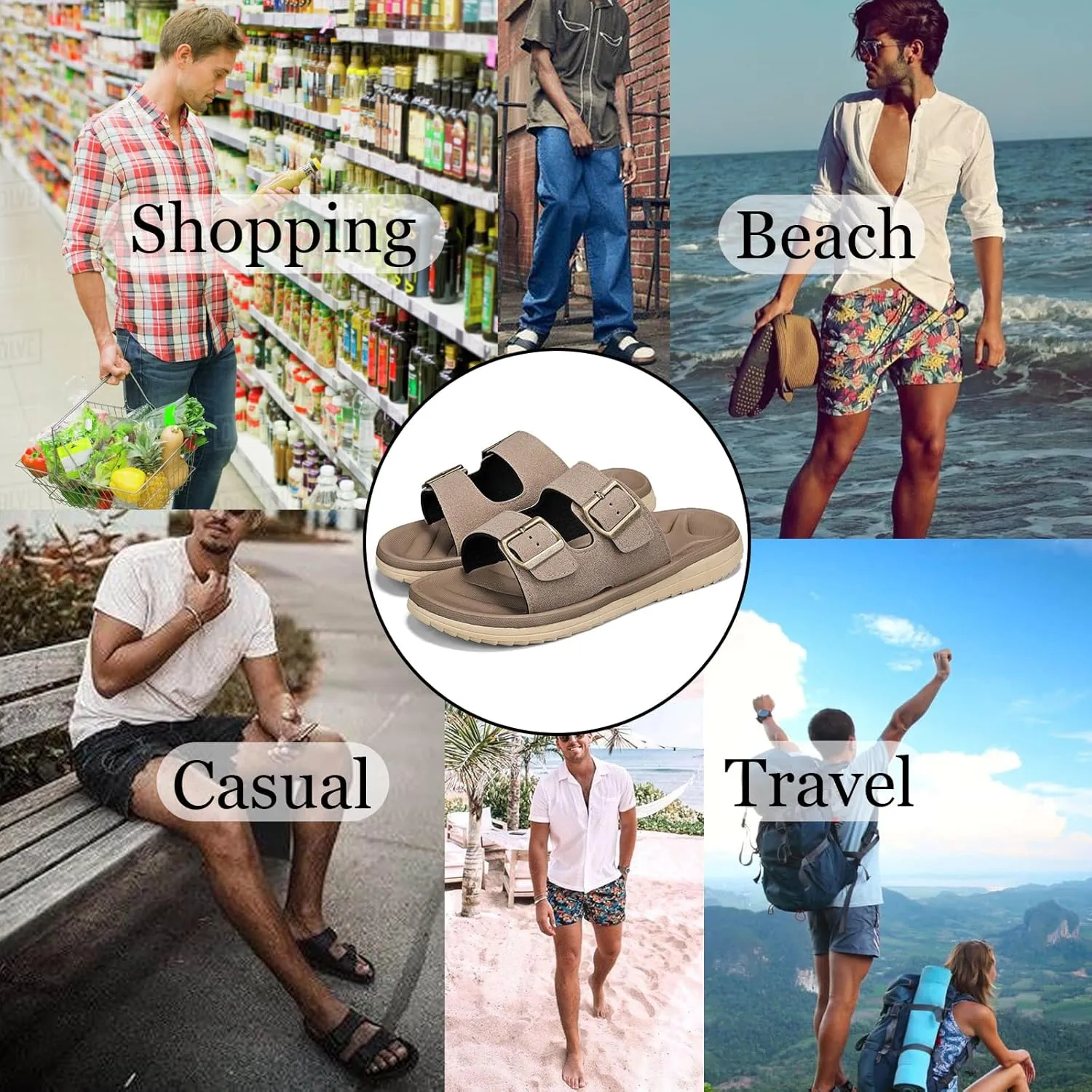 Mens Sandals Adjustable Buckle Straps with Arch Support Lightweight Comfort Beach Sandals Soft Cushion Footbed Summer Slippers Open Toe Slides for Indoor and Outdoor