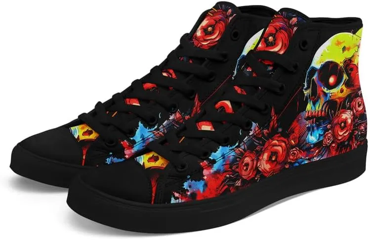 Men's Skull Canvas High Top Shoes Classic Fashion High Top Sneakers Unisex Casual Lace Up Tennis Shoes