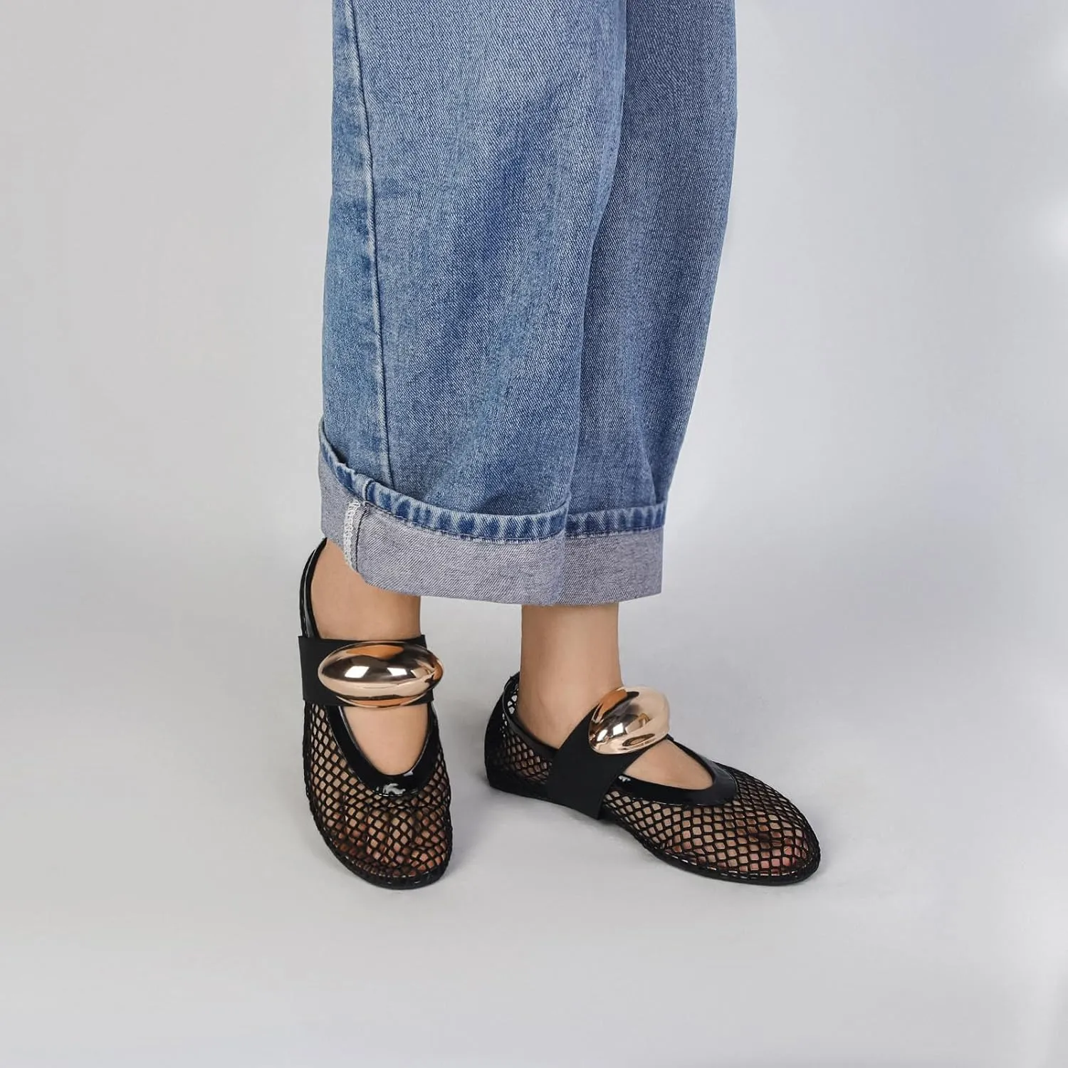 Mesh Ballet Flats for Women Buckle Strap Comfy Casual Office Fishnet Ballerina Flat Shoes