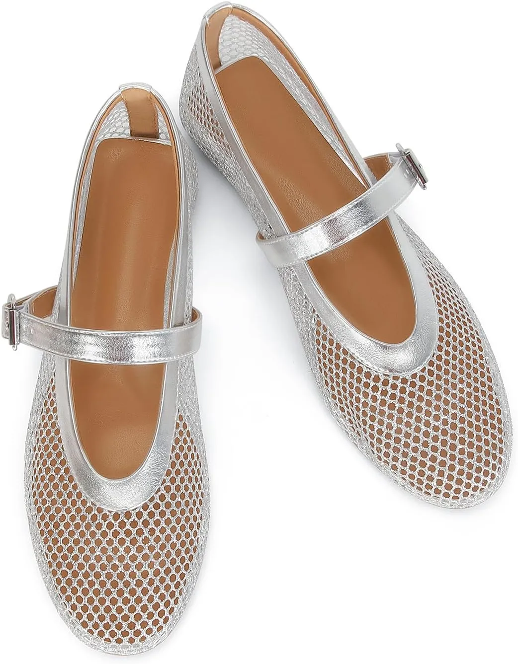 Mesh Ballet Flats for Women Buckle Strap Comfy Casual Office Fishnet Ballerina Flat Shoes