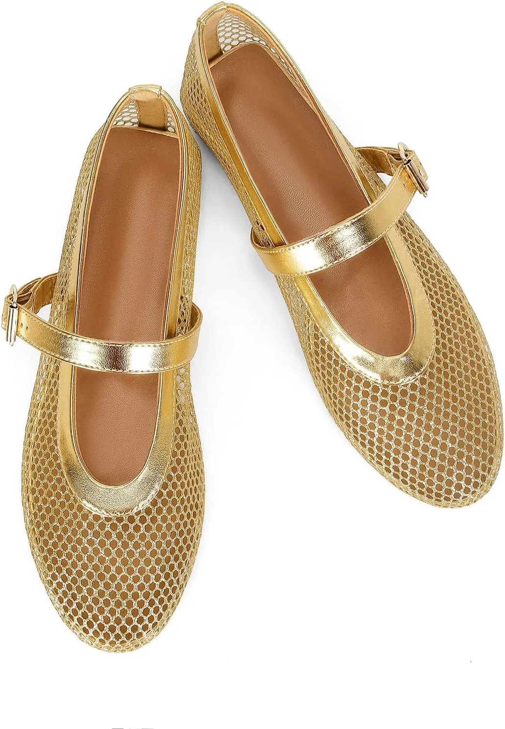 Mesh Ballet Flats for Women Buckle Strap Comfy Casual Office Fishnet Ballerina Flat Shoes