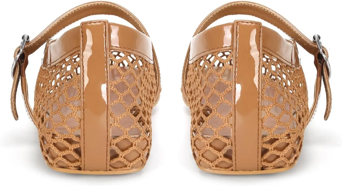 Mesh Ballet Flats for Women Buckle Strap Comfy Casual Office Fishnet Ballerina Flat Shoes
