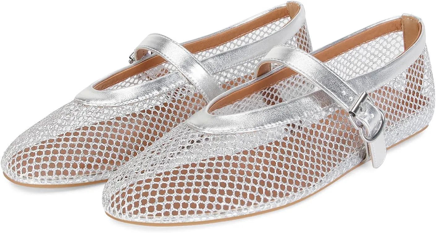 Mesh Ballet Flats for Women Buckle Strap Comfy Casual Office Fishnet Ballerina Flat Shoes