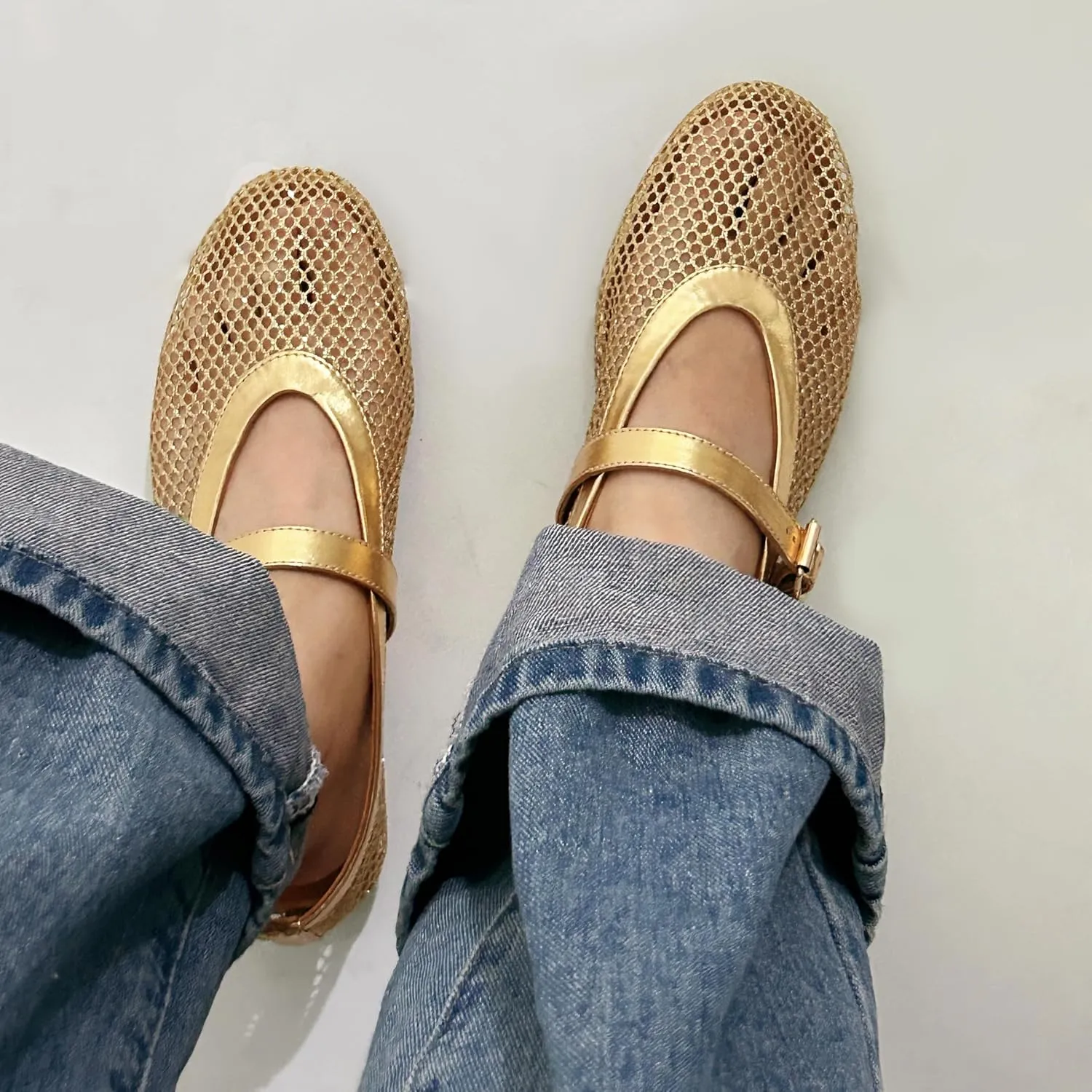 Mesh Ballet Flats for Women Buckle Strap Comfy Casual Office Fishnet Ballerina Flat Shoes